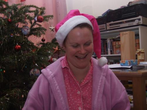 Sarah in pink santa hat